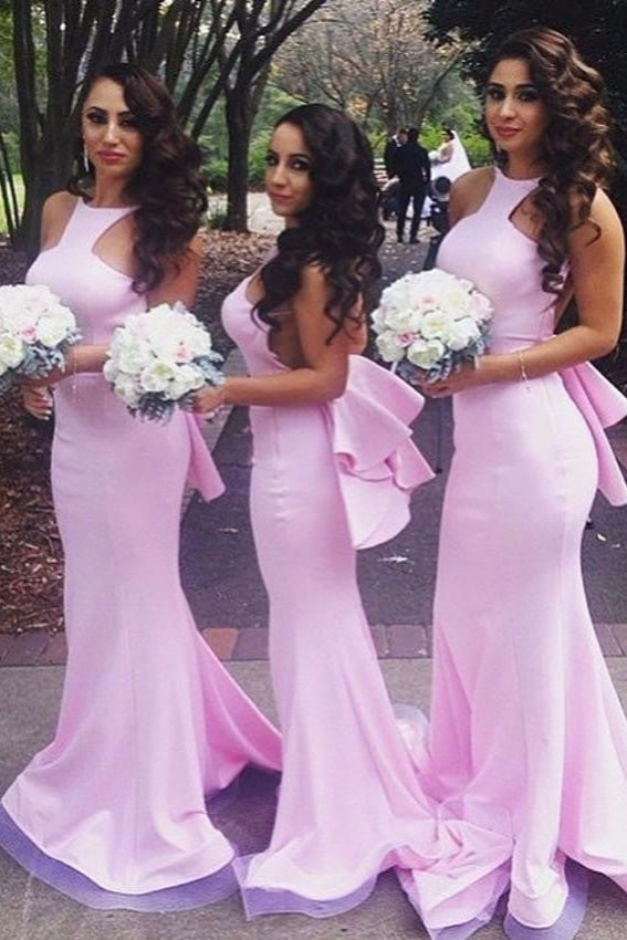 Pink Satin Mermaid Bridesmaid Dresses Sexy Backless