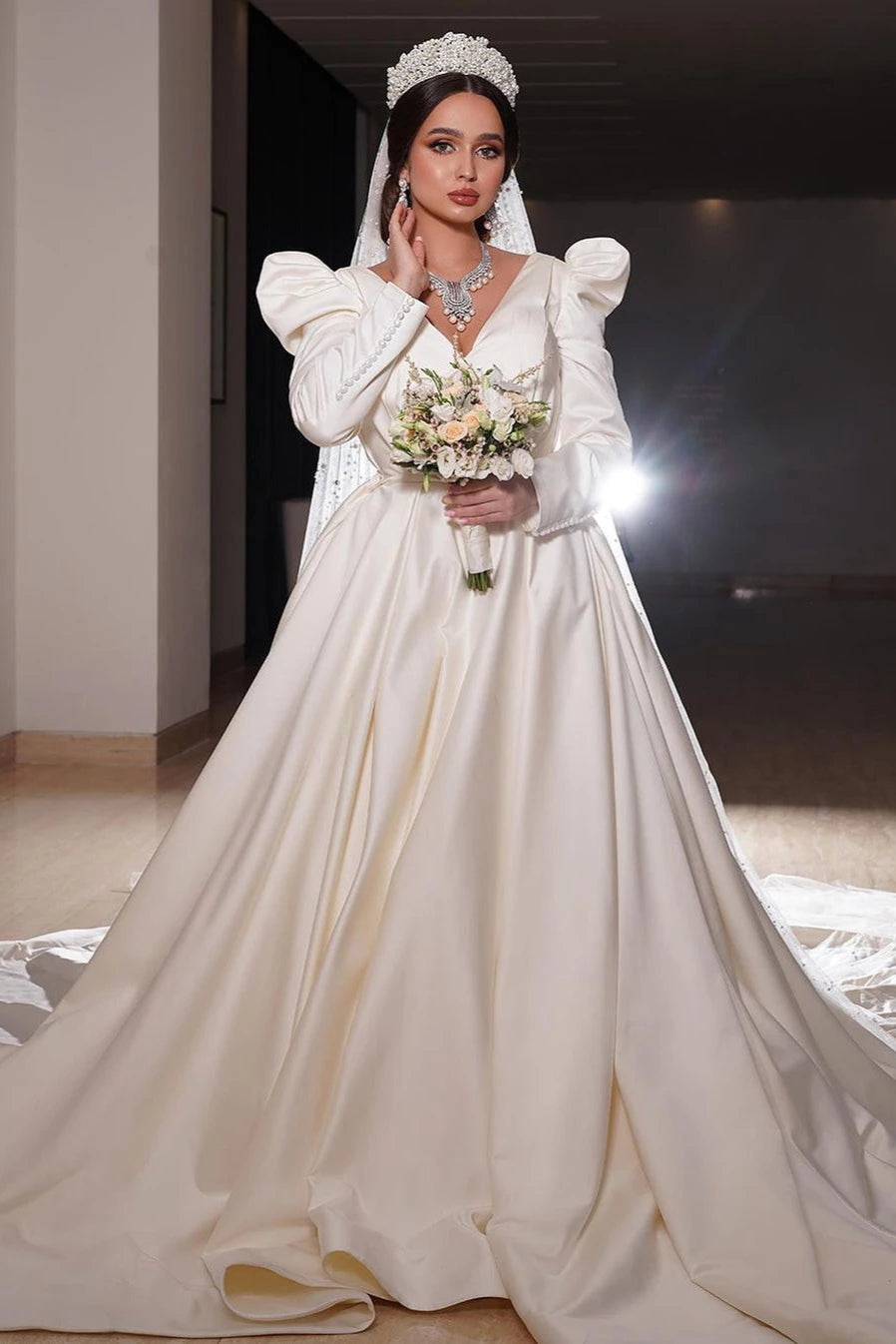 Vintage V Neck Long Sleeves Winter Satin Wedding Dress MS17 TANYA BRIDAL Vintage V Neck Long Sleeves Winter Satin Wedding Dress MS17 TANYA BRIDAL