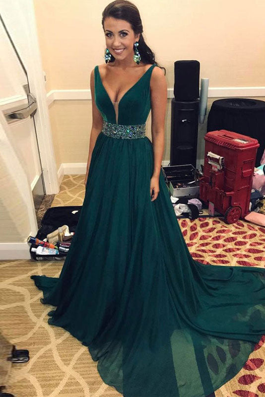 Dark Green A Line V Neck Long Chiffon Prom Dresses TANYA BRIDAL Dark Green A Line V Neck Long Chiffon Prom Dresses TANYA BRIDAL
