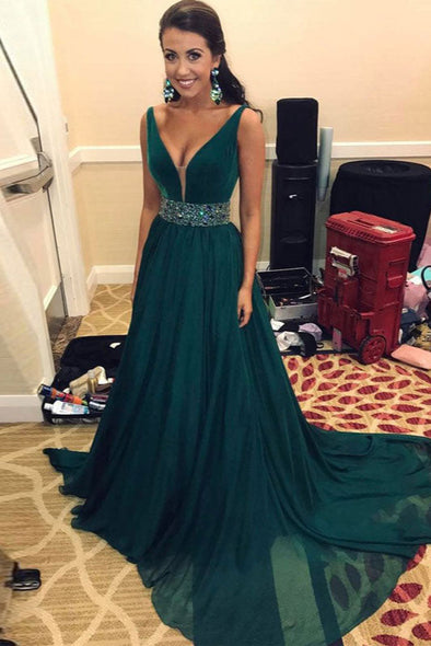 Dark Green A Line V Neck Long Chiffon Prom Dresses