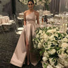 Champagne Long Evening Dresses High Slit Prom Gown Simple Style