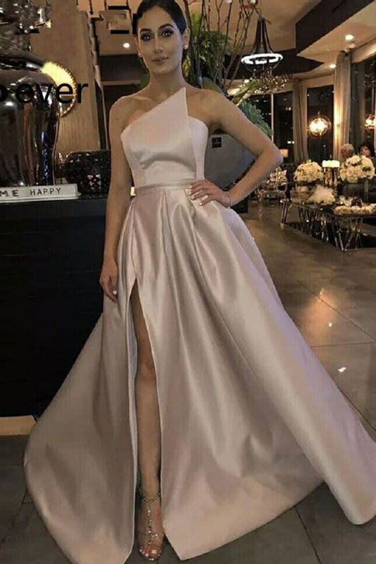 Champagne Long Evening Dresses High Slit Prom Gown Simple Style