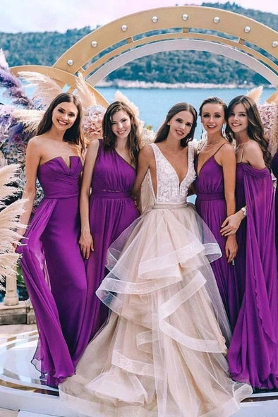 Purple Chiffon Bridesmaid Dresses Long Ruffles Bridesmaid Gowns