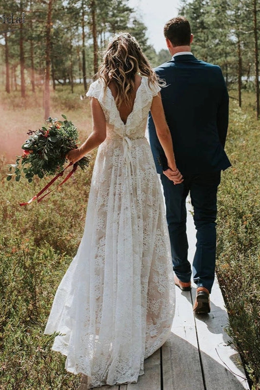 Nude Lining Lace A Line Bohemian Wedding Dresses DW173