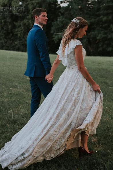 Nude Lining Lace A Line Bohemian Wedding Dresses DW173