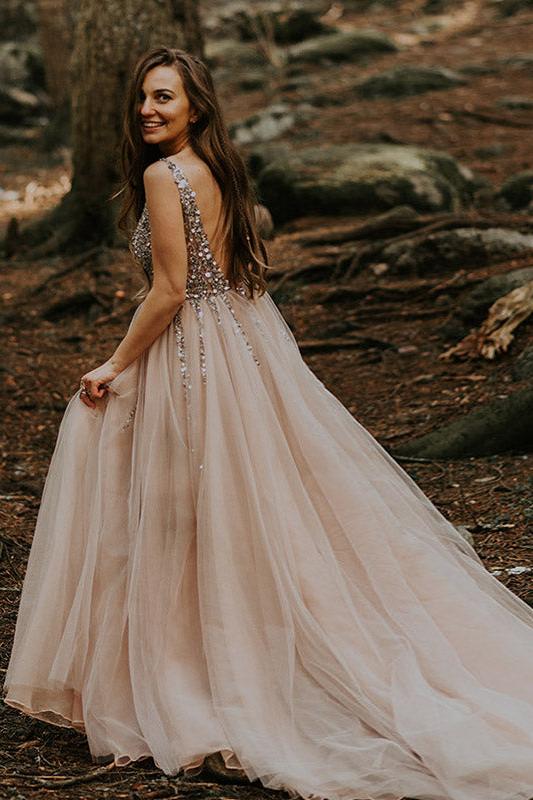 Nude Tulle Sparkly Beaded Wedding Dresses Boho Robe de Soriee Chic DW1 TANYA BRIDAL Nude Tulle Sparkly Beaded Wedding Dresses Boho Robe de Soriee Chic DW1 TANYA BRIDAL