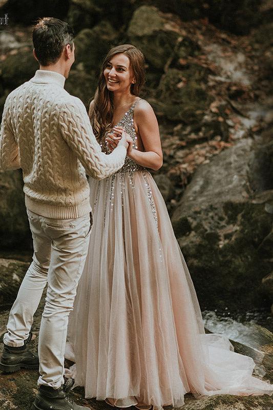 Nude Tulle Sparkly Beaded Wedding Dresses Boho Robe de Soriee Chic DW1 – TANYA BRIDAL