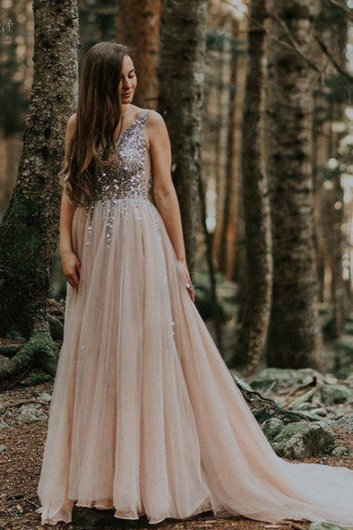 Nude Tulle Sparkly Beaded Wedding Dresses Boho Robe de Soriee Chic DW177