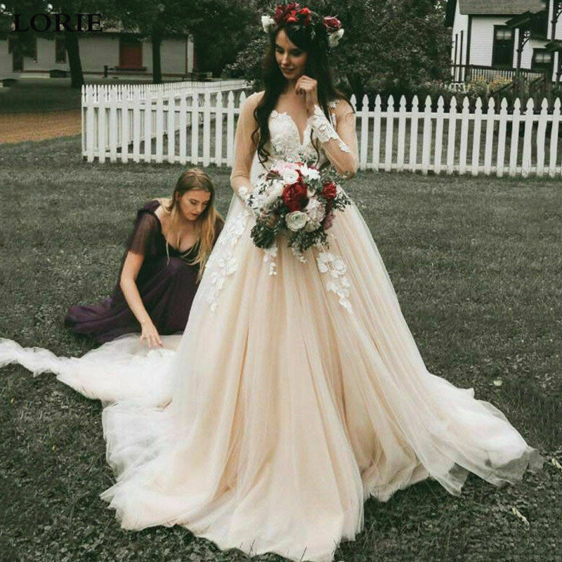 Nude Tulle White Lace Wedding Dresses Illusion Long Sleeve TANYA BRIDAL Nude Tulle White Lace Wedding Dresses Illusion Long Sleeve TANYA BRIDAL