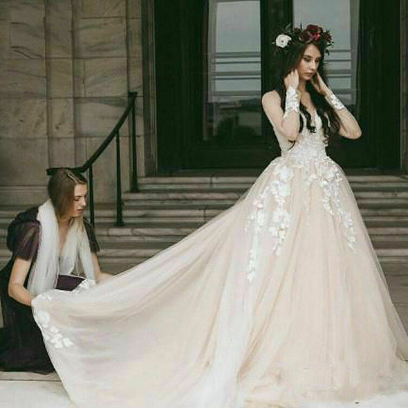 Nude Tulle White Lace Wedding Dresses Illusion Long Sleeve