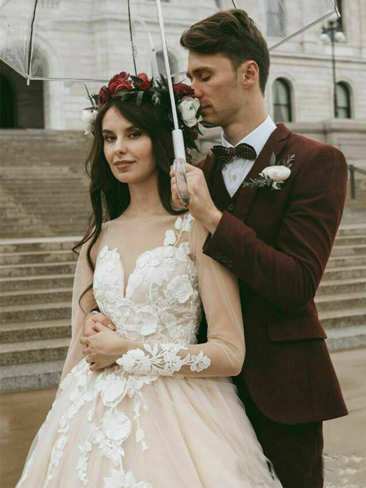 Nude Tulle White Lace Wedding Dresses Illusion Long Sleeve TANYA BRIDAL Nude Tulle White Lace Wedding Dresses Illusion Long Sleeve TANYA BRIDAL