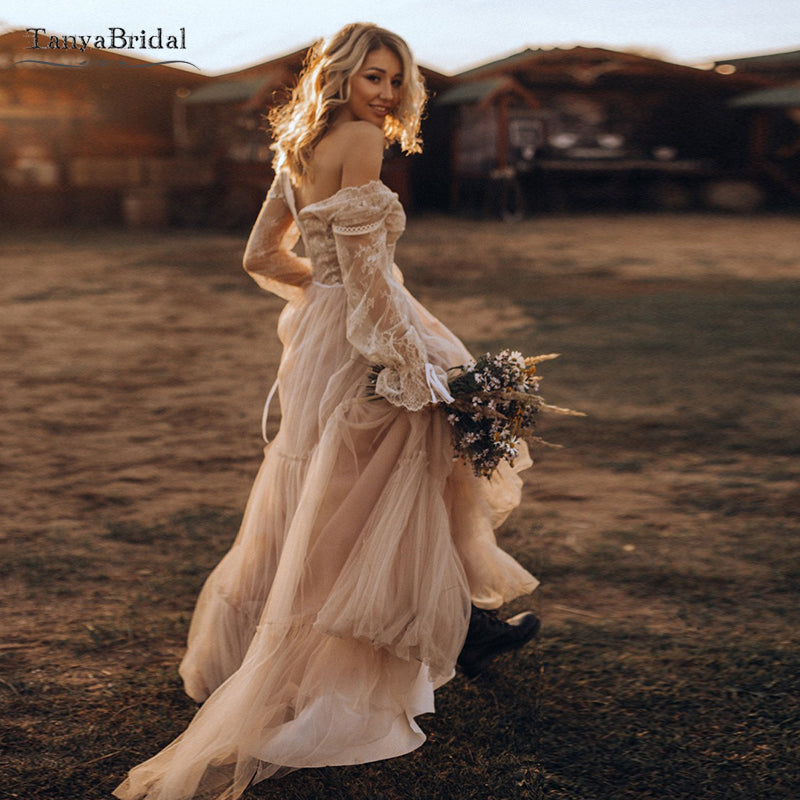 Nude champagne Country Wedding Dresses Long sleeve V-Neck Bridal Gowns TANYA BRIDAL Nude champagne Country Wedding Dresses Long sleeve V-Neck Bridal Gowns TANYA BRIDAL