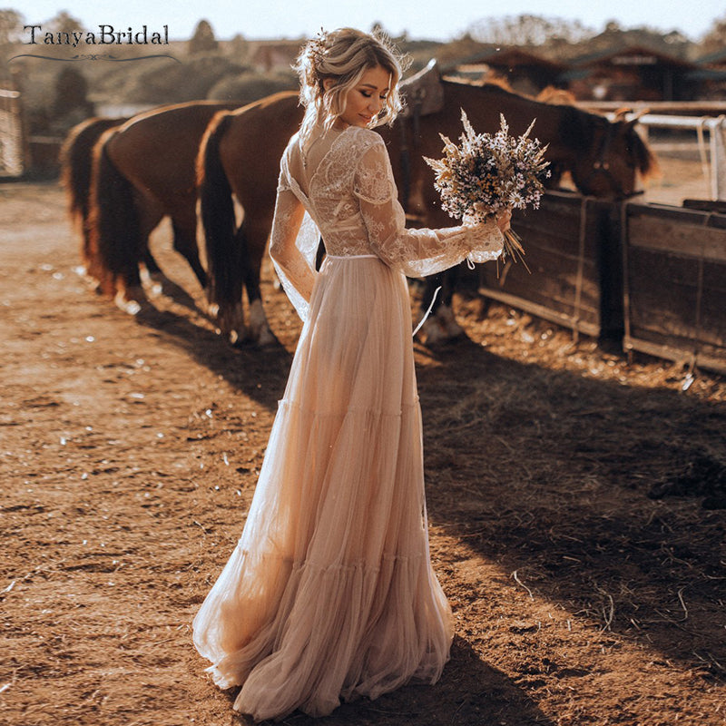 Nude champagne Country Wedding Dresses Long sleeve V-Neck Bridal Gowns –  TANYA BRIDAL