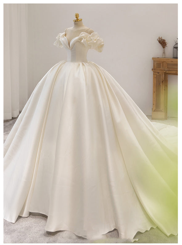 Ball Gown Satin Wedding Dresses Off The Shoulder With Train