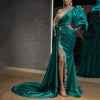 Arabic Long Sleeves High Collar Luxury Satin Evening Dresses