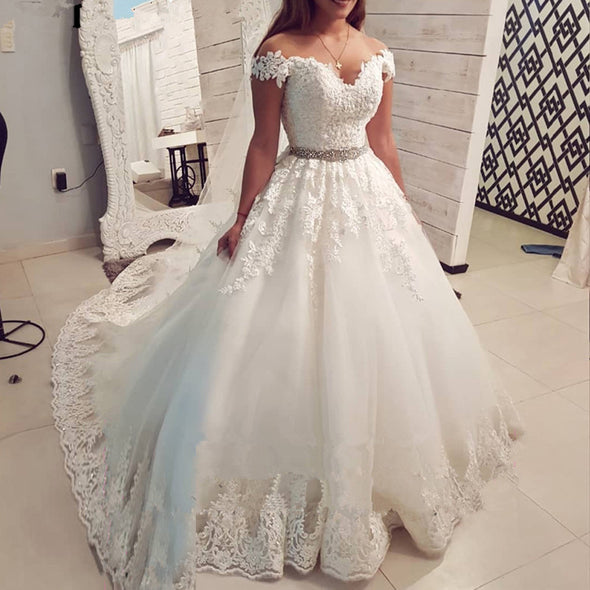 Off Shoulder A Line Wedding Dress 3d Flowers Sexy Backless Wedding Gowns