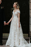 Off Shoulder Lace Wedding Dresses A Line Ivory Champagne Lining Bridal Gowns Vestido De Noivas Bohemian Chic DW178