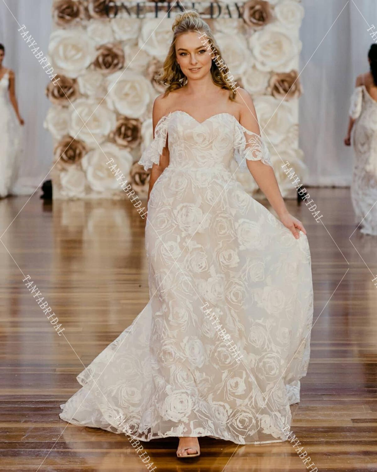 Off-Shoulder A Line Boho Rose Lace Wedding Dresses DW379 TANYA BRIDAL Off-Shoulder A Line Boho Rose Lace Wedding Dresses DW379 TANYA BRIDAL