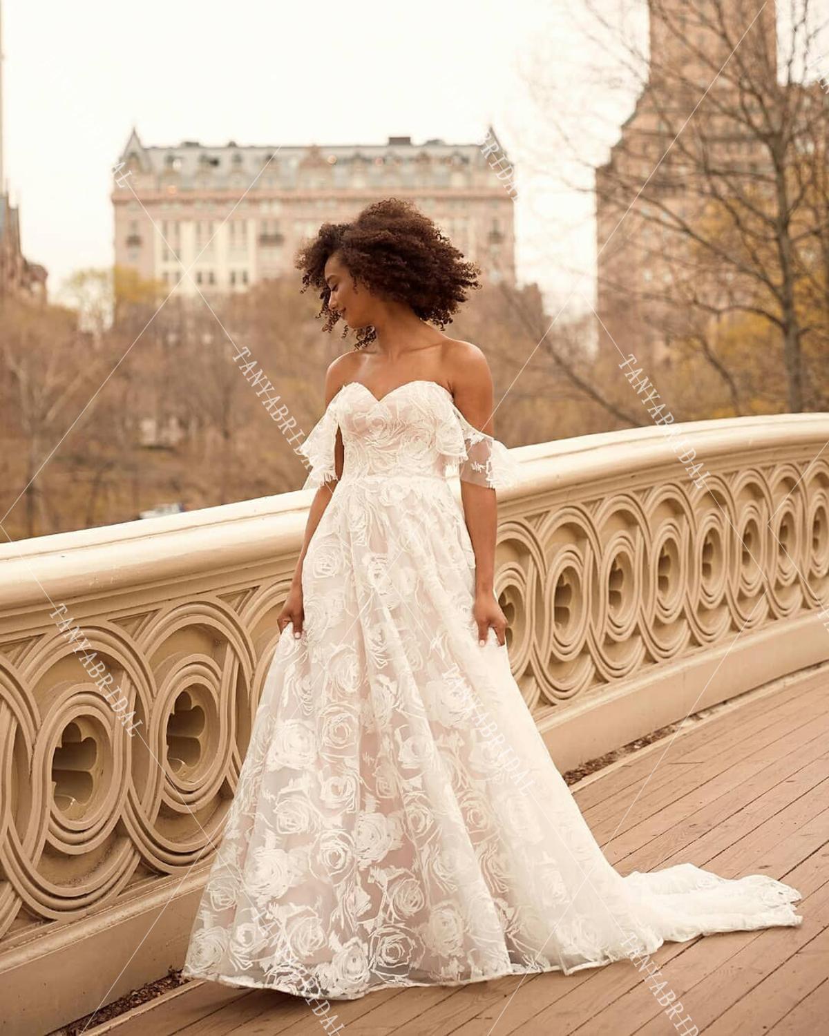 Off-Shoulder A Line Boho Rose Lace Wedding Dresses DW379 TANYA BRIDAL Off-Shoulder A Line Boho Rose Lace Wedding Dresses DW379 TANYA BRIDAL