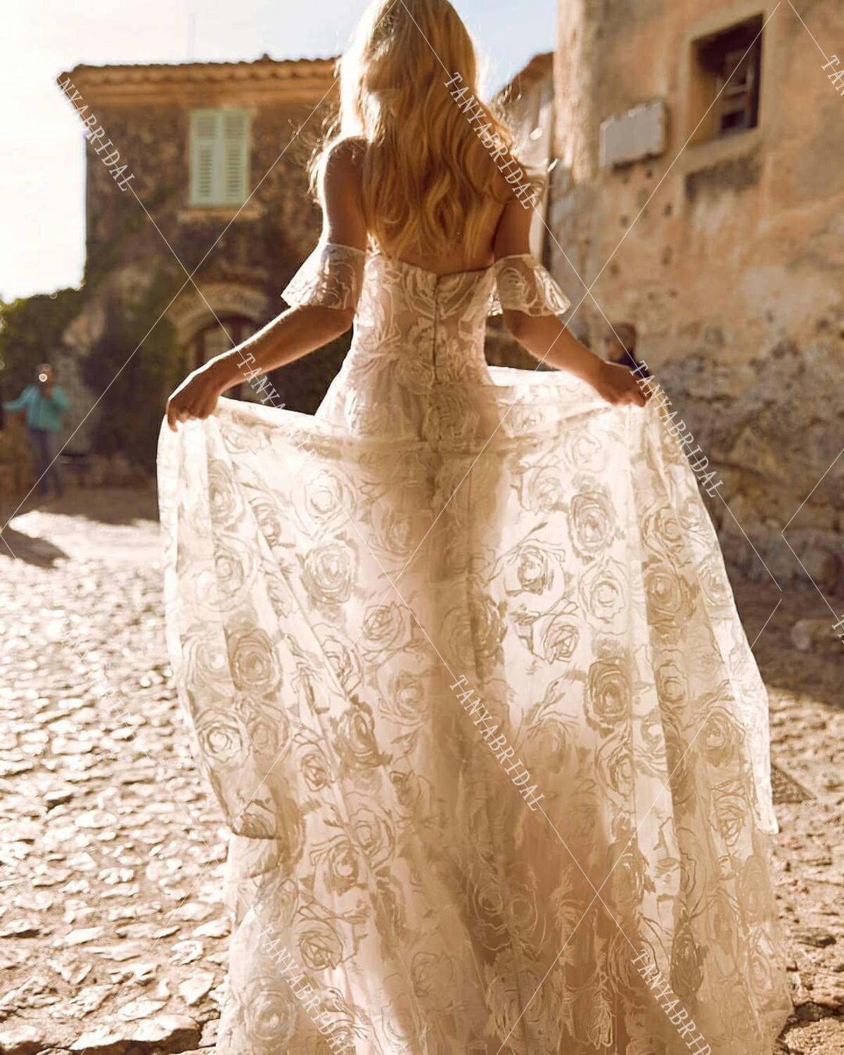Off-Shoulder A Line Boho Rose Lace Wedding Dresses DW379 - Off-Shoulder A Line Boho Rose Lace Wedding Dresses DW379 -
