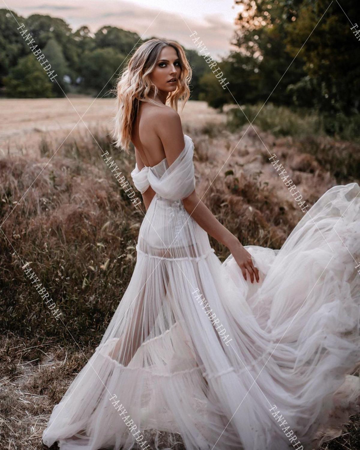 Lace Long Sleeve Backless Boho Wedding Gowns Rustic Wedding Dress – Pgmdress