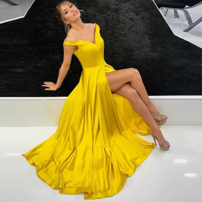 Off Shoulder Yellow Prom Dress Simple Satin High Slit Party Gowns