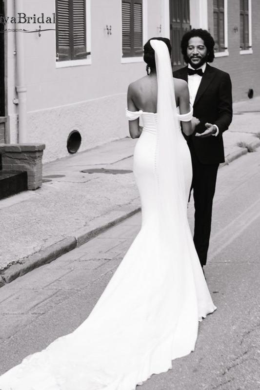 Off The Shoulder Mermaid Wedding Dresses With Button DW037 TANYA BRIDAL Off The Shoulder Mermaid Wedding Dresses With Button DW037 TANYA BRIDAL