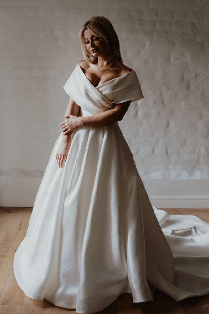Off The Shoulder Satin Wedding Dresses V-Neck A Line Zipper Back Vesti TANYA BRIDAL Off The Shoulder Satin Wedding Dresses V-Neck A Line Zipper Back Vesti TANYA BRIDAL