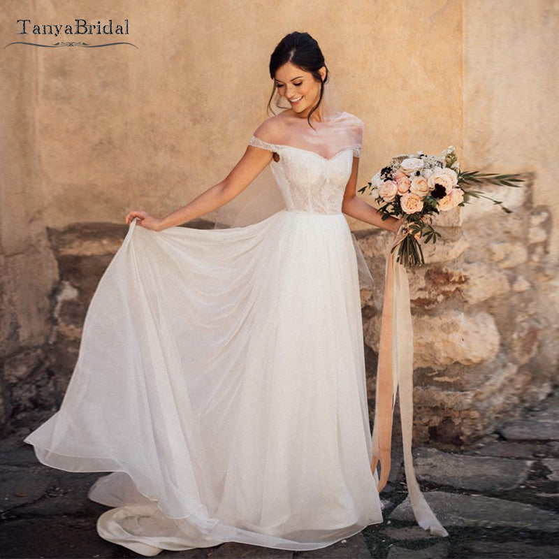 Off shoulder A Line Wedding Dresses Backless Chiffon Bridal Gowns Robe TANYA BRIDAL Off shoulder A Line Wedding Dresses Backless Chiffon Bridal Gowns Robe TANYA BRIDAL