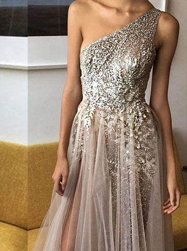 Sexy One Shoulder A Line Sequins Evening Dress With Beads TB1368