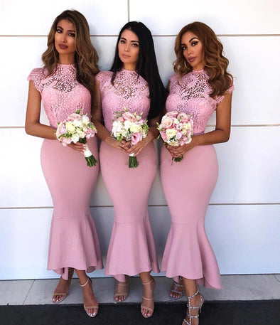 Bridesmaid Dresses Mermaid Cap Sleeves Lace Long Wedding Party Dresses For Women