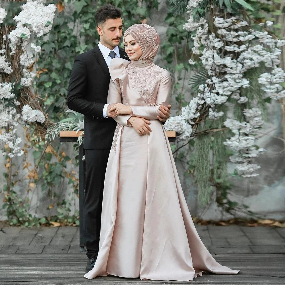 Champagne Muslim Wedding Dresses Ball Gown V-Neck Long Sleeve White Lace  Gown | eBay