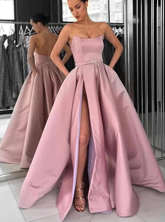 Pink Strapless Prom Dress A Line Long Formal Gown With High Slit TB1362