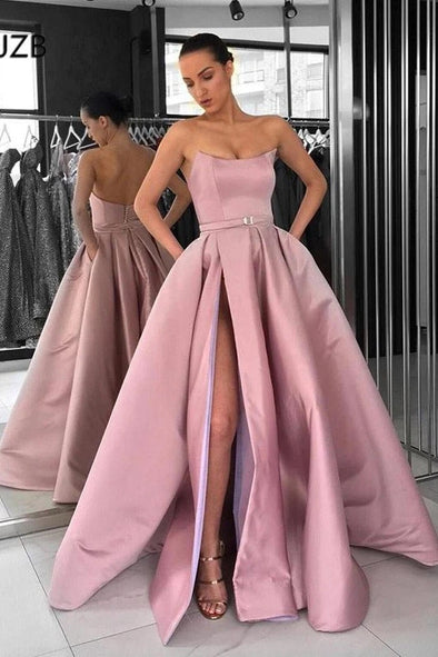 Pink Strapless Prom Dress A Line Long Formal Gown With High Slit TB1362