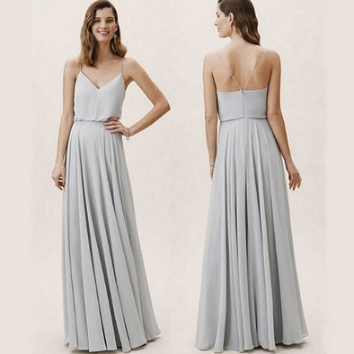 Pleats pale grey spaghetti straps backless chiffon bridesmaid dress