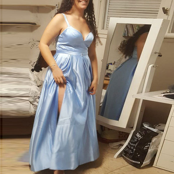 Satin Long Prom Dresses With Pockets