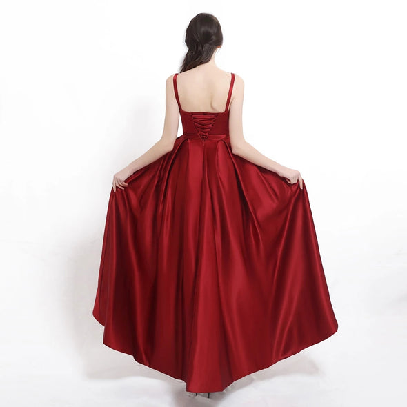 A Line Red Burgundy Satin Long Prom Dresses With Pockets