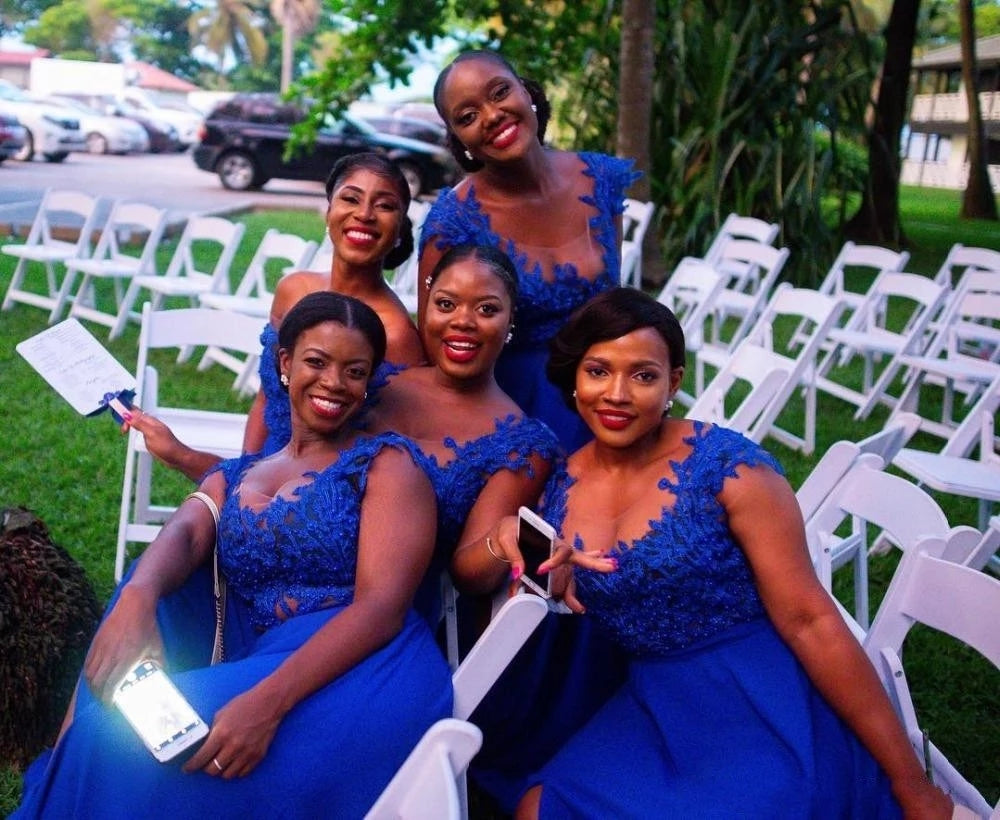 Plus Size Royal Blue Bridemaid Dresses Sheer O-Neck Lace Applique TANYA BRIDAL Plus Size Royal Blue Bridemaid Dresses Sheer O-Neck Lace Applique TANYA BRIDAL