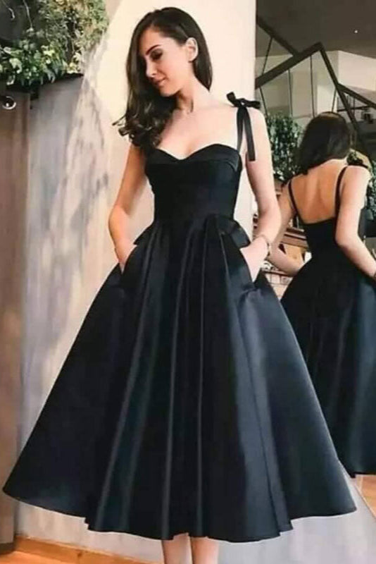 Black Satin Short Prom Dress With Pocket