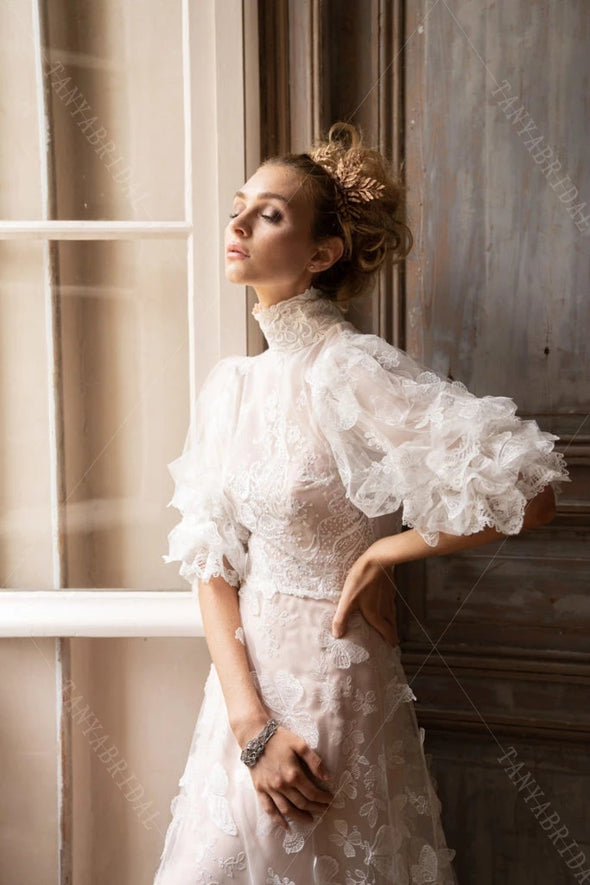 Puff Sleeve A-Line Lace Wedding Dresses Butterfly Emboridery DW618