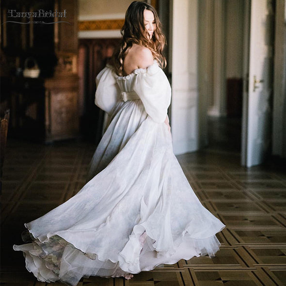 Puff Sleeve Wedding Dresses Vintage Style Printed Charming Bridal Gown Vestido de Noivas DW022