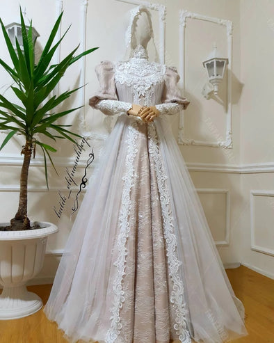 Puff Sleeve Muslim Wedding DressesBlush Lining Lace Gelinlink ZW426