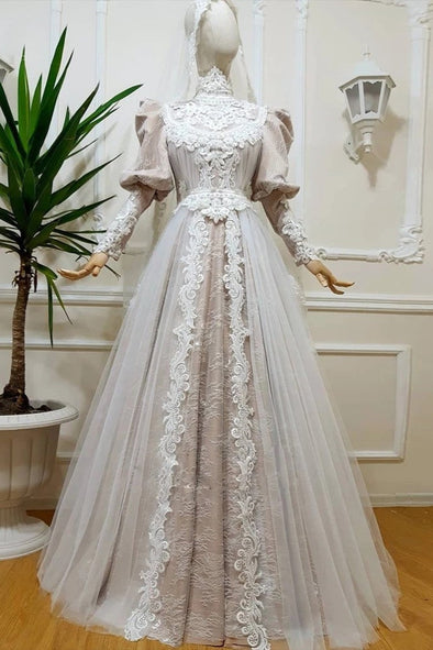 Puff Sleeve Muslim Wedding Dresses Lace Gelinlink ZW426