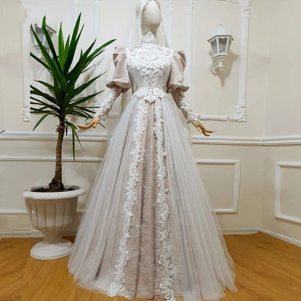 Puff Sleeve Muslim Wedding DressesBlush Lining Lace Gelinlink ZW426