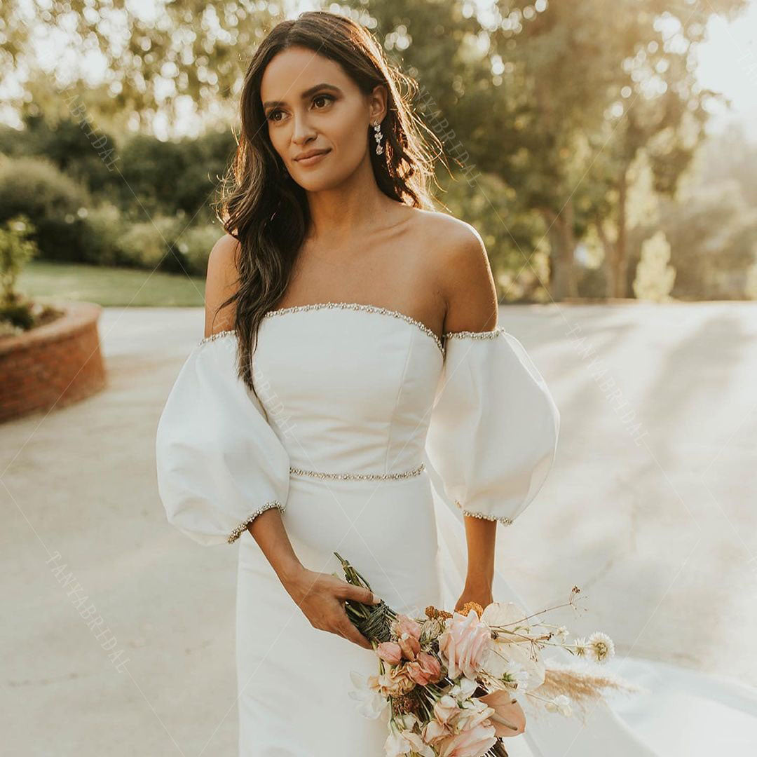 mermaid wedding dress with puff sleeves Amarra Bridal 84218 Wedding Dress Stephanie Mermaid Sweetheart Neckline Off The Shoulder Floral Lace Long Puff Sleeves Bridal Gown 0 / Ivory/Nude