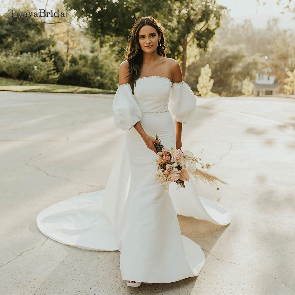Puff Sleeve Satin Wedding Dresses Mermaid Bridal Gowns With Detachable – TANYA BRIDAL Puff Sleeve Satin Wedding Dresses Mermaid Bridal Gowns With Detachable – TANYA BRIDAL
