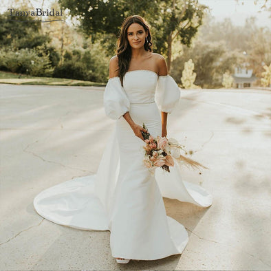 Puff Sleeve Satin Wedding Dresses Mermaid Bridal Gowns With Detachable Train DW492