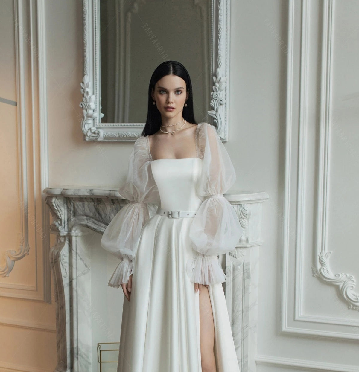 sheer puff sleeve wedding dress Simple Long Sleeve Wedding Dress, Elegant Wedding Dress, Puffy Sleeve Wedding Dress, V Neck A Line Wedding Dress, Sheer Sleeve Wedding Dress