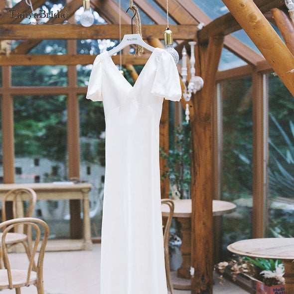 Puff Short Sleeve Simple Wedding Dresses Deep V-Neck Pearls Elegant Bridal Gowns bohe Fashion Korea Noivas DW471