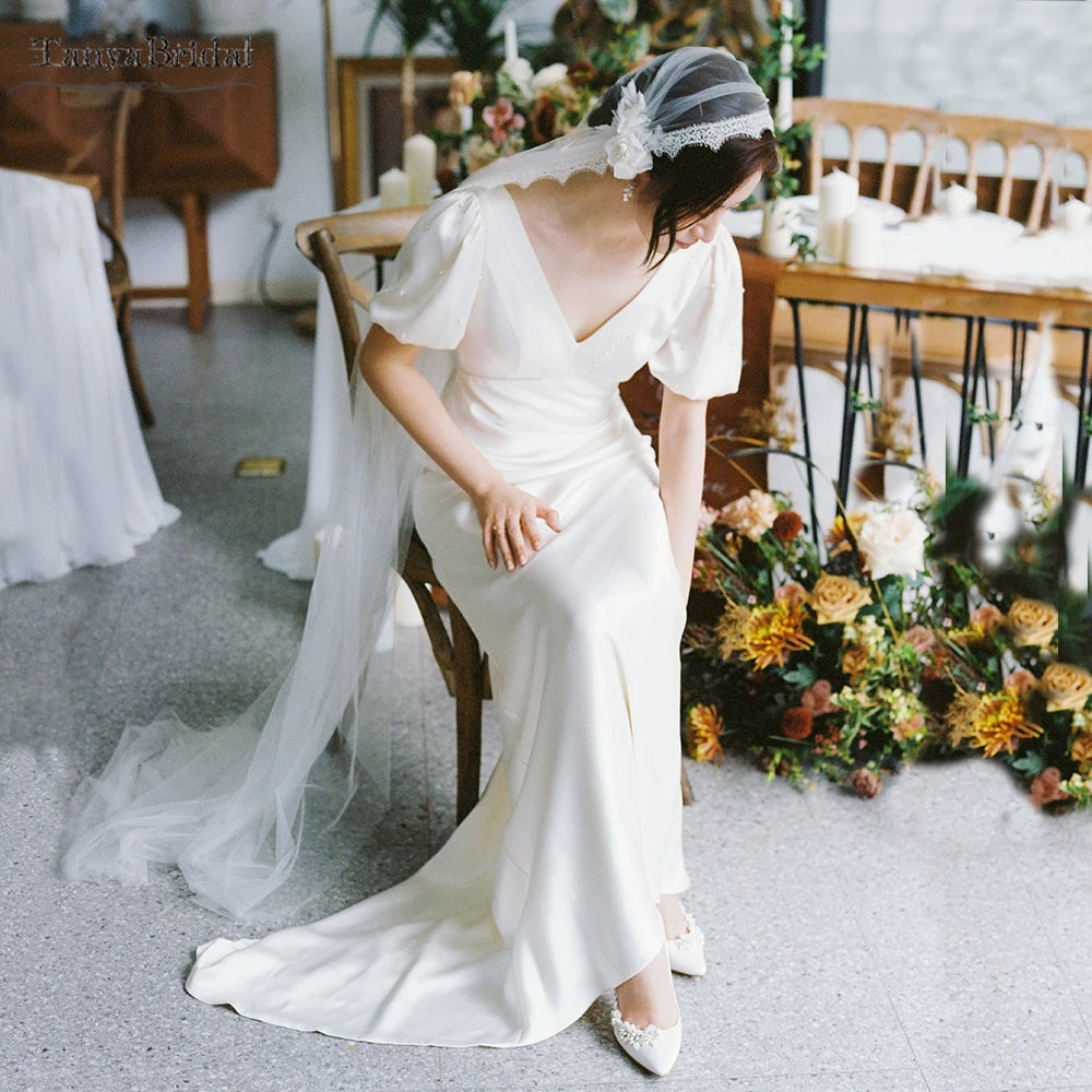Puff Short Sleeve Simple Wedding Dresses Deep V-Neck Pearls Elegant Br TANYA BRIDAL Puff Short Sleeve Simple Wedding Dresses Deep V-Neck Pearls Elegant Br TANYA BRIDAL